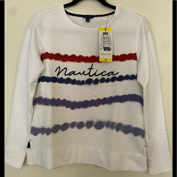 Nautica white with red/blue waves long-sleeved sweater,crew neck, block hem, S - Picture 1 of 7